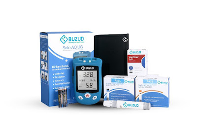 Source: BUZUD, Fosun Trade Medical Devices. The Safe AQ UG Blood Glucose and Uric Acid Monitoring System featuring the meter, test strips, and test solutions.