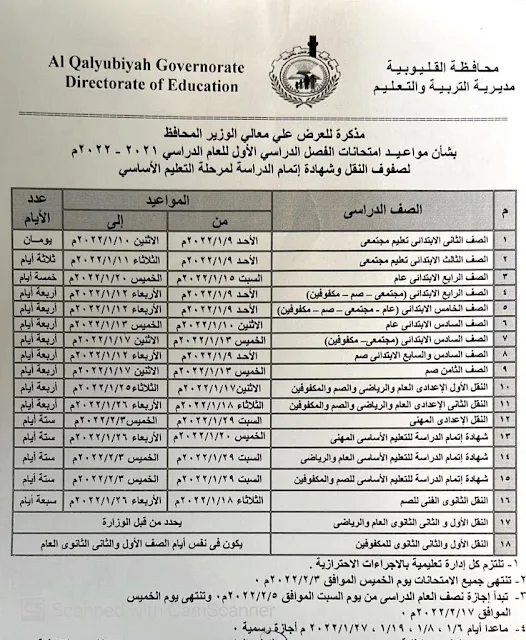 مواعيد امتحانات الفصل الدراسي الاول بمحافظة القليوبية 2022 لصفوف النقل وشهادة اتمام الدراسة