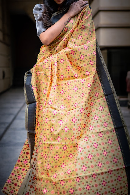 Banarasi silk saree with patola/phulkari design body and paithani style pallu in sunshine yellow and pink