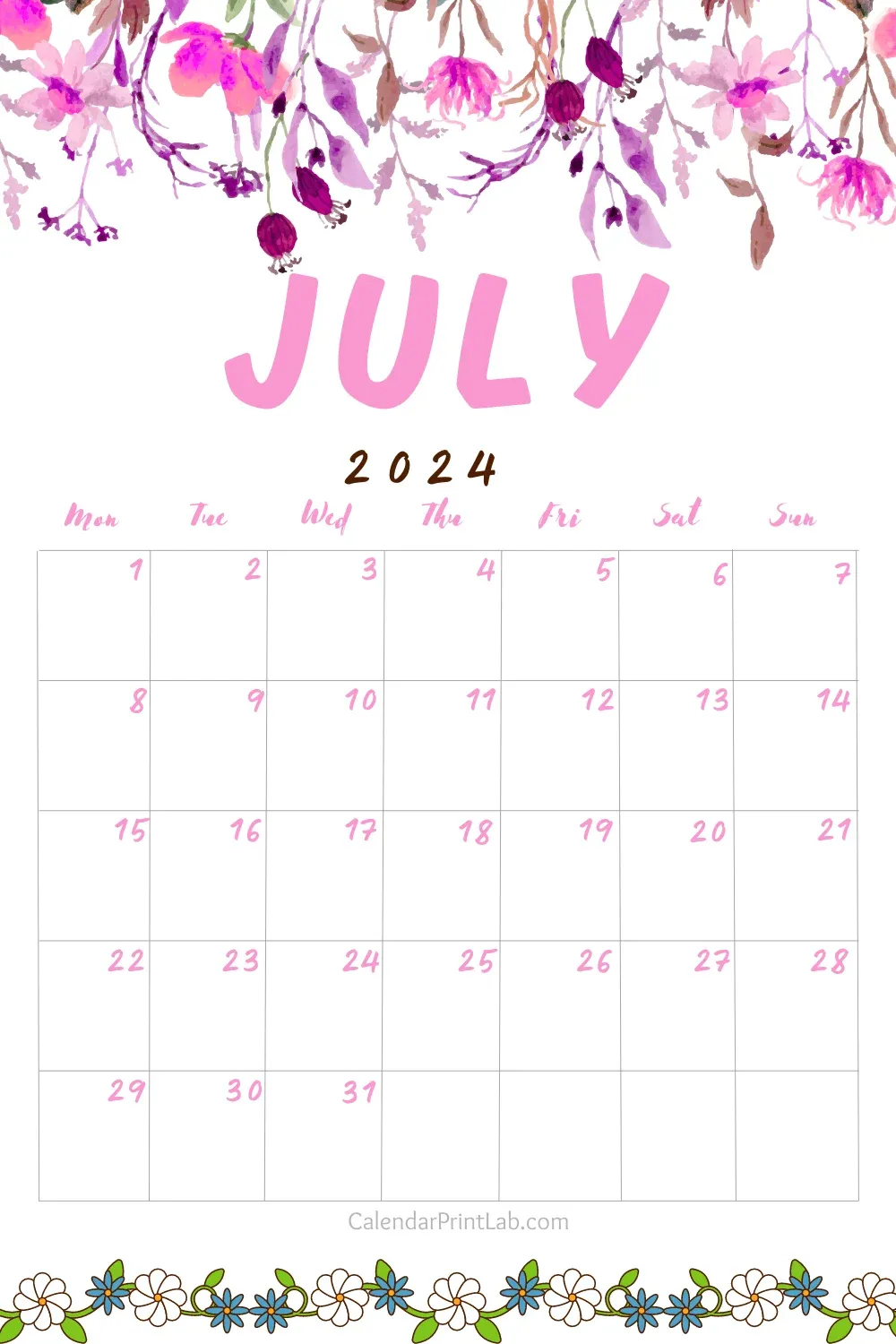 Floral July Month 2024 Calendar