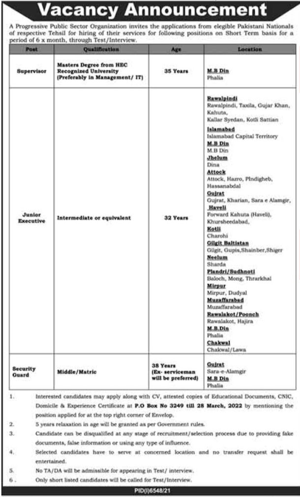 Public Sector Organization Management Jobs Latest  Rawalpindi 2022