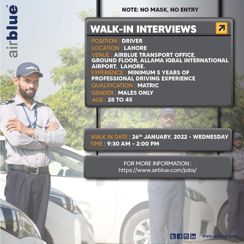 Walk In Interviews AirBlue 2022-Driver Jobs