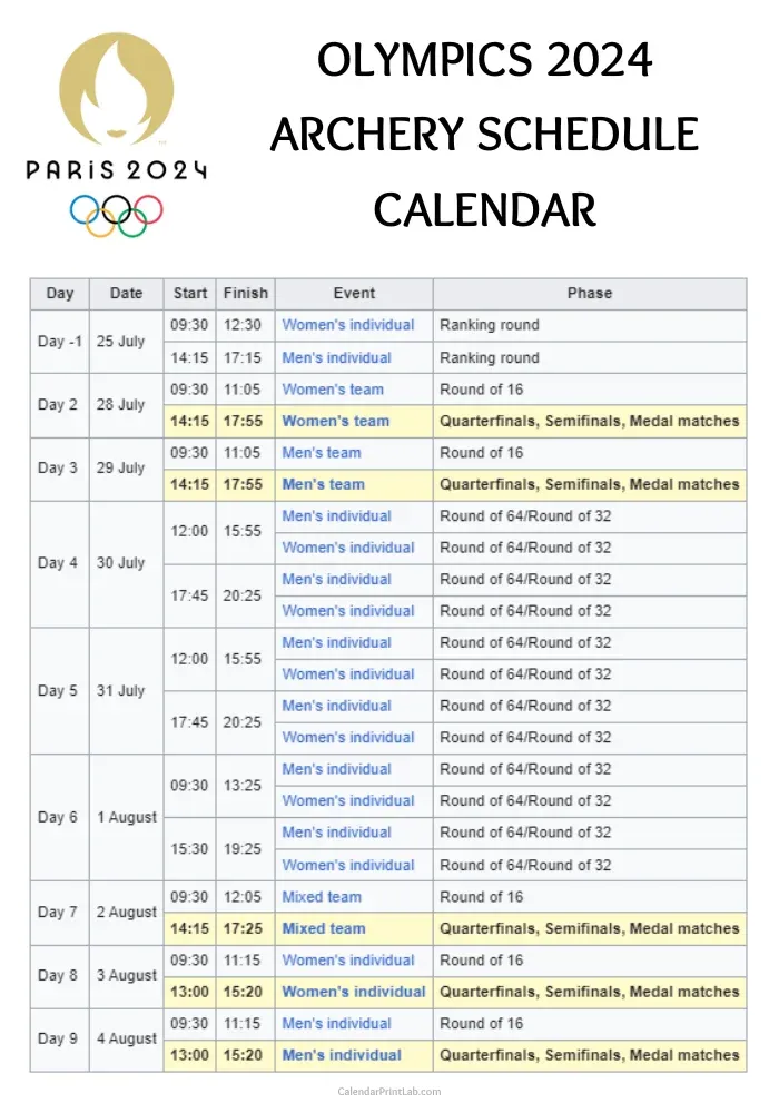 olympics 2024 archery schedule calendar