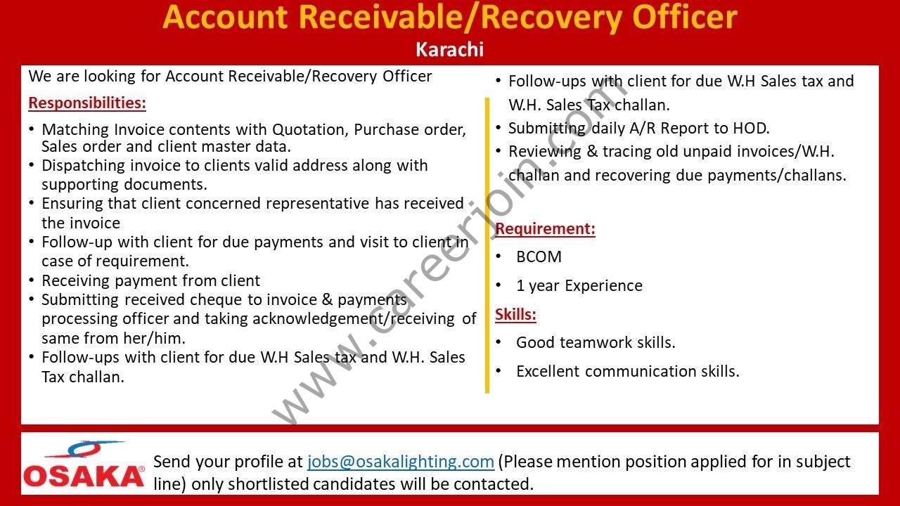 Osaka Lighting Jobs Accounts Receivable Officer