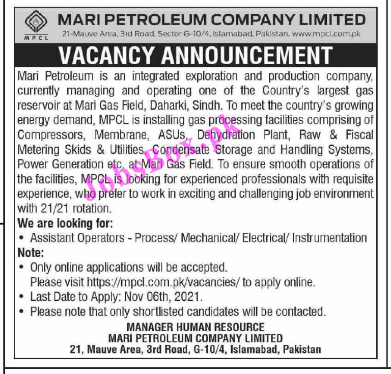 https://mpcl.com.pk/vacancies - MPCL Mari Petroleum Company Limited Jobs 2021 in Pakistan