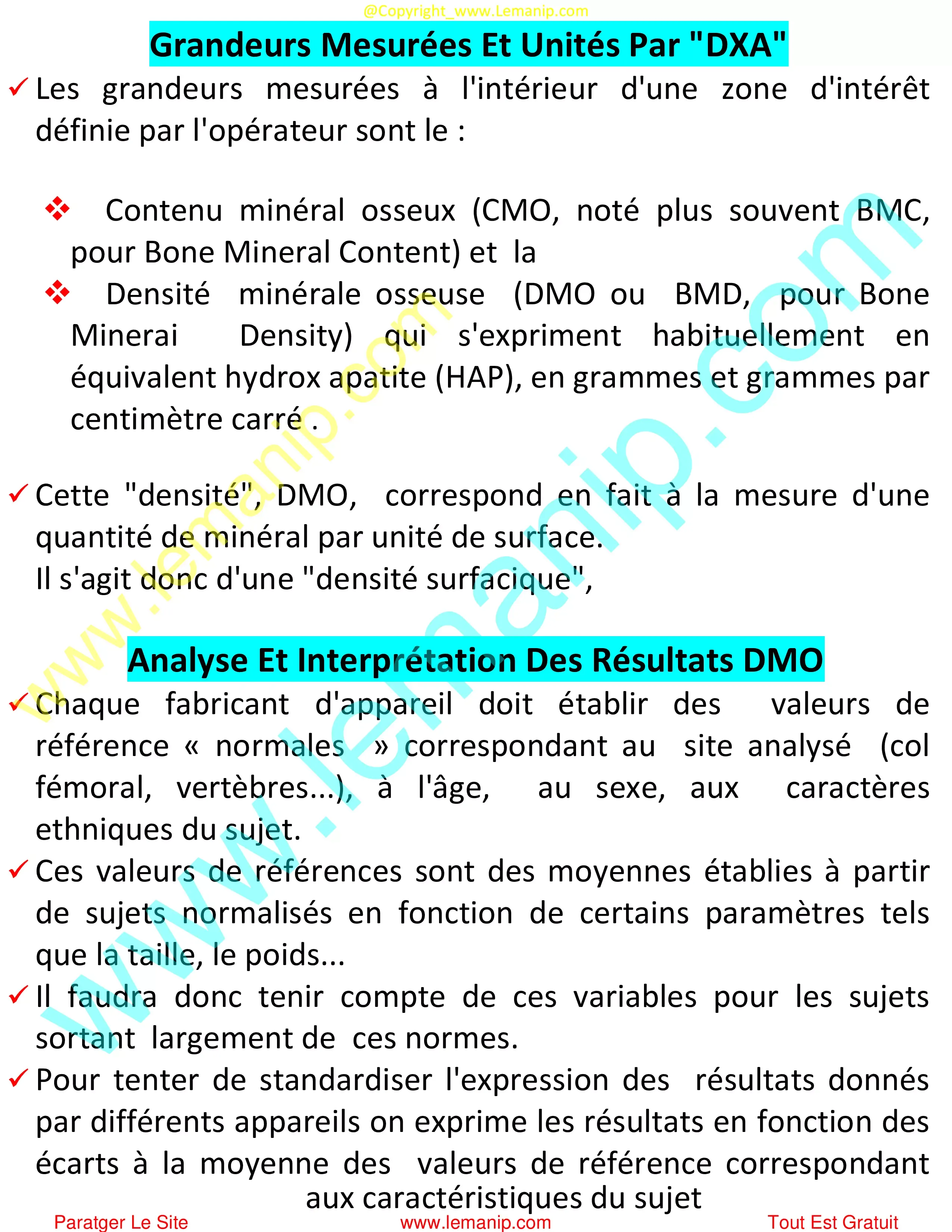 Grandeurs Mesurées Et Unités Par "DXA"