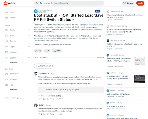 https://www.reddit.com/r/archlinux/comments/o79g1w/boot_stuck_at_ok_started_loadsave_rf_kill_switch/