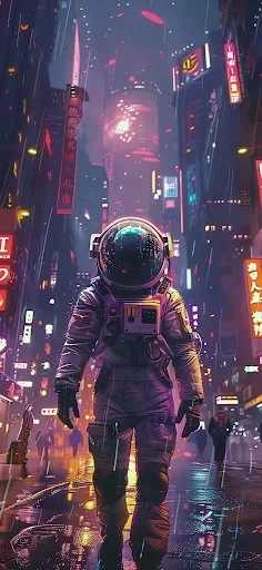 Astronaut walking forward on a rain-slicked street in a bustling neon-lit cyberpunk city, skyscrapers towering above.