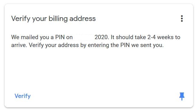 AdSense PIN to verify billing address.