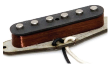 O captador de guitarra elétrica, dispositivo destinado a captar o som quando as cordas vibram, consiste em um fio longo de cobre enrolado em uma bobina com várias voltas (espiras) juntamente com imãs no meio da bobina, como mostrado na figura a seguir.