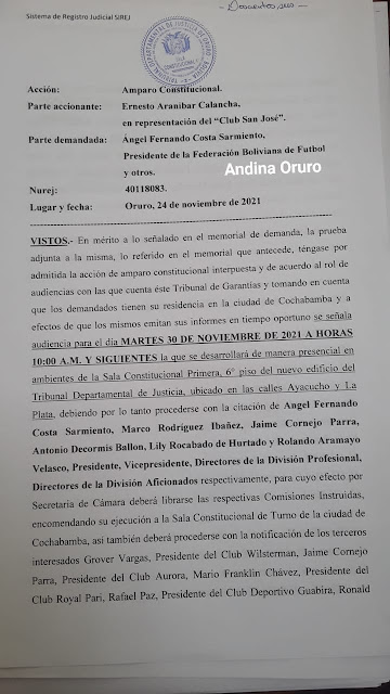 Tribunal admite demanda de Amparo Constitucional del club San José contra la FBF.