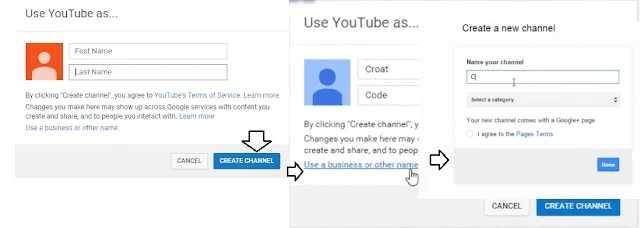 لانشاء حساب YouTube for Business انقر فوق "استخدام نشاط تجاري أو أسم آخر" والذي سيؤدي بك إلى شاشة يمكنك من خلالها إدخال أسم علامتك التجارية.     أنقر فوق "إنشاء" لتفعيل حسابك الجديد على YouTube.