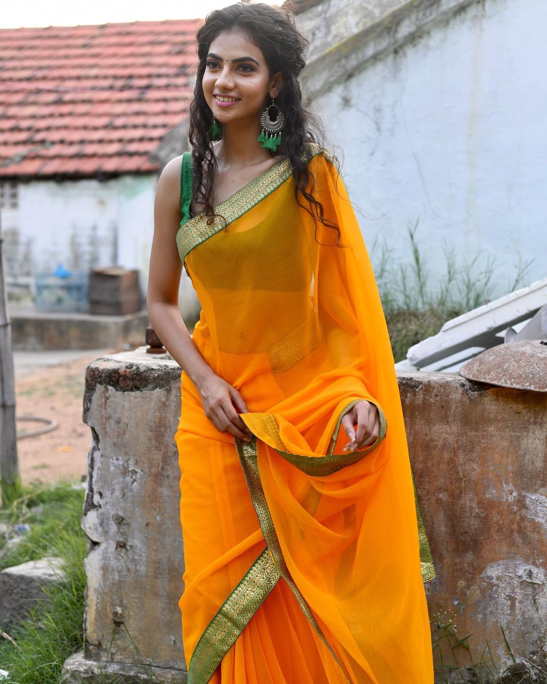 Actress Malina Yellow Transparent Saree