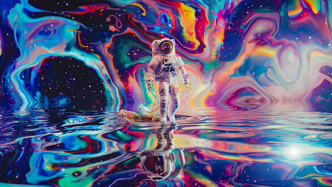 4K wallpaper of an astronaut standing on a reflective surface, surrounded by a vivid, psychedelic swirl of cosmic colors.