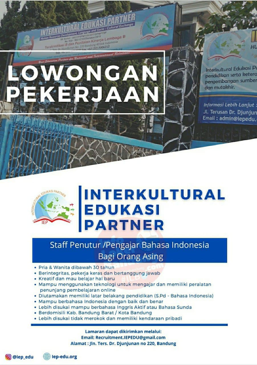 Lowongan Kerja Staff Penutur / Pengajar Bahasa Indonesia bagi Orang Asing IEPEDU Bandung Desember 2021