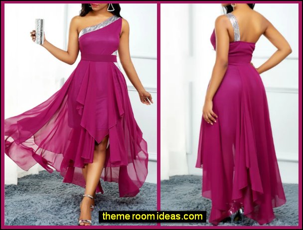 Cocktail Party Dress One Shoulder Sleeveless Asymmetrical Chiffon with Pleats Sequin