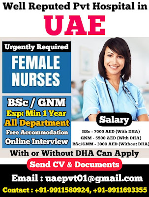 Urgently Required Staff Nurses (F) for Well Reputed Private Hospital in UAE