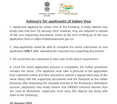 The Embassy of India in Manila has issued a notice requiring visa applicants for Indian visas