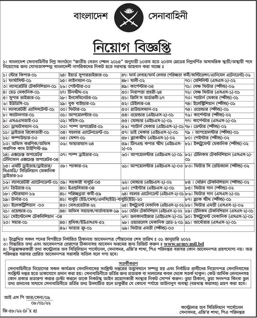 Bangladesh Army Civil Job Circular 2022