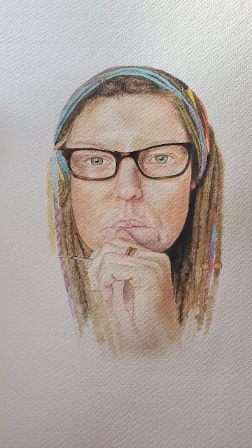 Painted in watercolour a portrait of the artist Michelle Martin