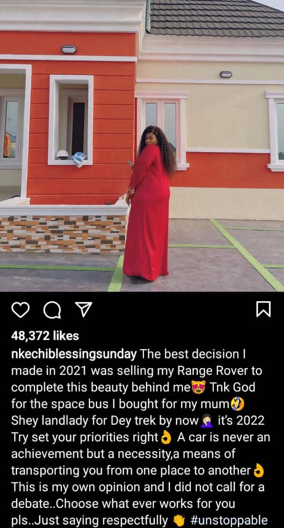 The best decision I made in 2021 was selling my Range Rover to complete my house- Nkechi Blessing reveals as she shows off her home
