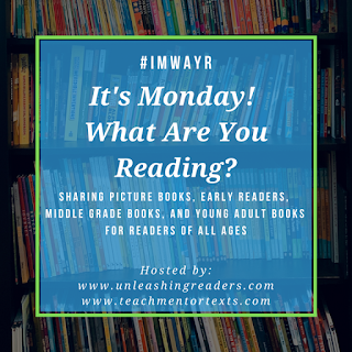 Image of a book shelf overlaid with the words that explain that this is the It's Monday! What Are You Reading? post and the information found in the first paragraph of my post.