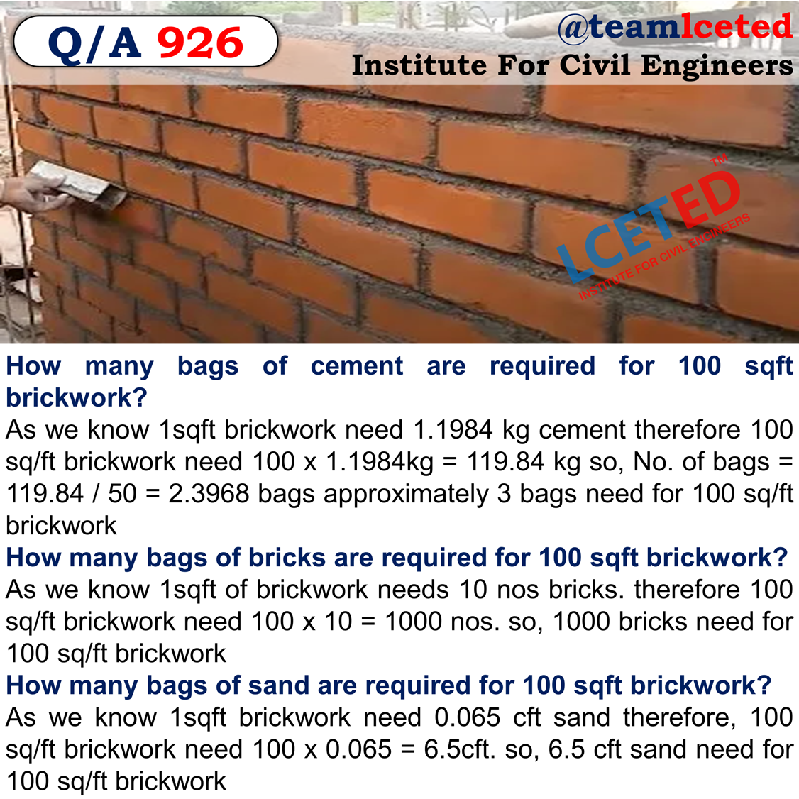 ow many bags of bricks are required for 100 sqft brickwork?