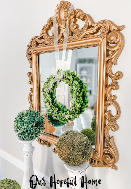 gold mirror green wreath moss balls