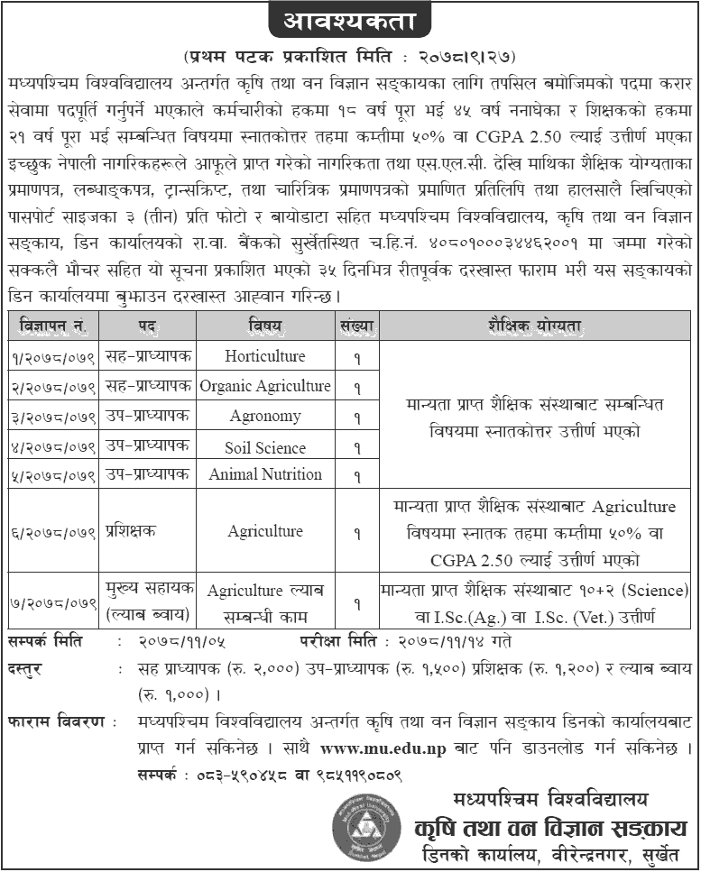 Midwestern University Faculty of Agriculture and Forestry Vacancy