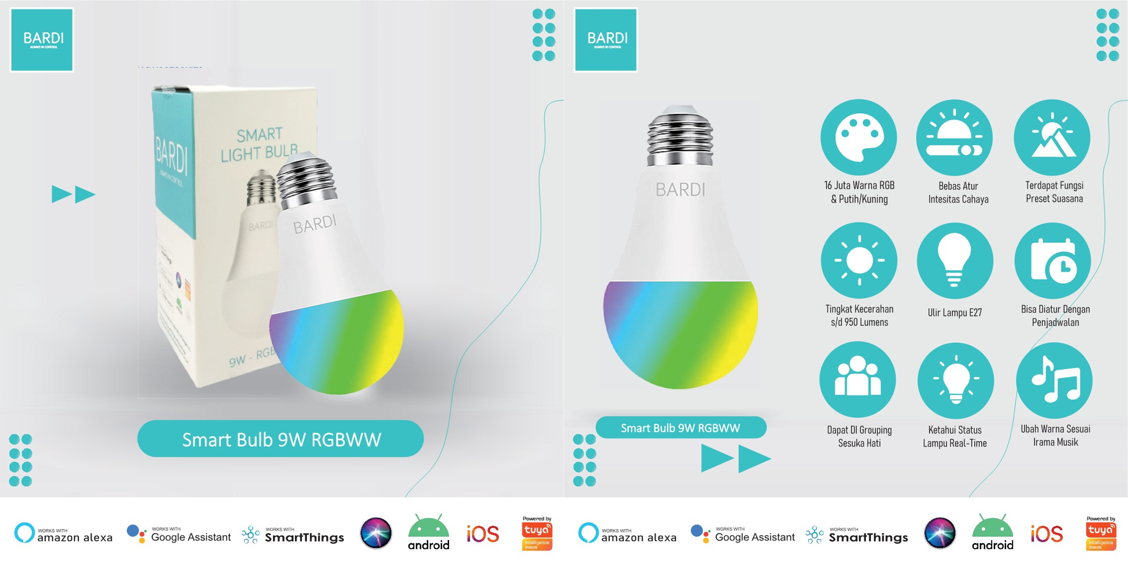 BARDI Smart Light Bulb 9W RGBWW: Lampu Pintar Hemat Energi dengan 16 juta warna