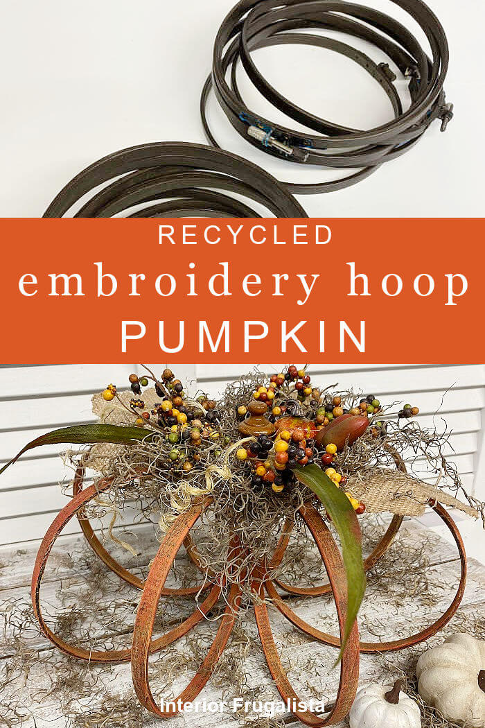 How to make a rustic DIY fall pumpkin with embroidery hoops and embellished with Spanish moss and pretty fall berry clusters from the dollar store. #diypumpkins #embroideryhooppumpkins #dollarstorepumpkincraft