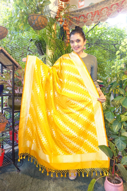 Banarasi dupattas - Yellow with traditional design