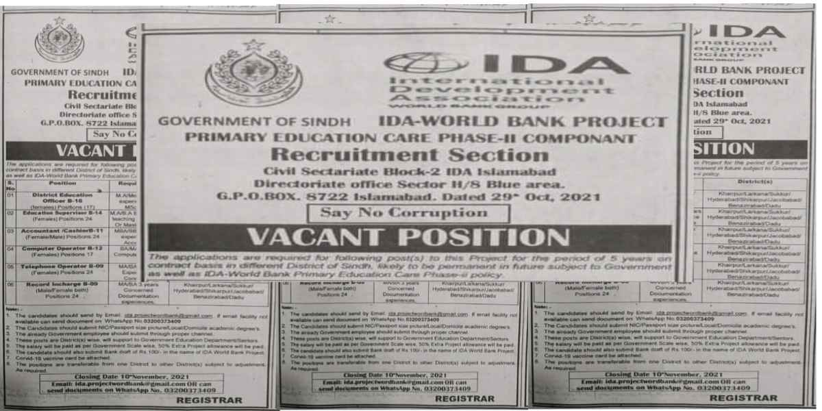 Education & Literacy Department Government of Sindh 2021 IDA-World Bank Project Sindh Primary Education Care Phase-|| Component - All Sindh Can Apply Online