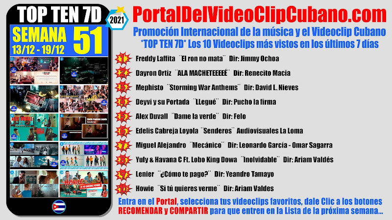 Artistas ganadores del * TOP TEN 7D * con los 10 Videoclips más vistos en la semana 51 (13/12 a 19/12 de 2021) en el Portal Del Vídeo Clip Cubano