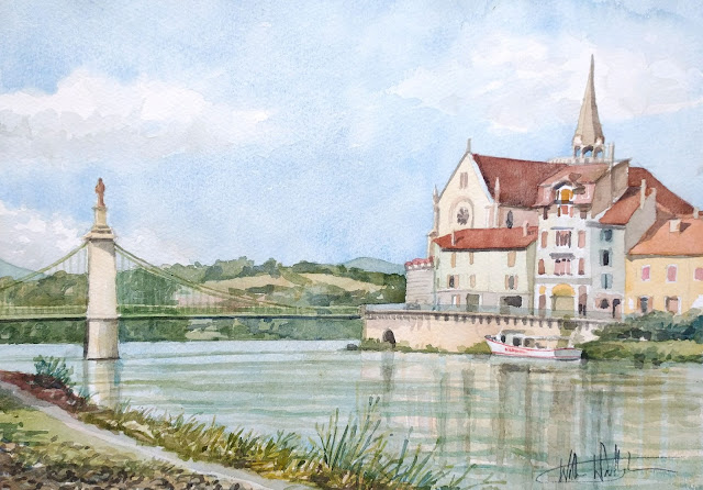 A watercolour of the old suspension bridge over the Rhône at Seyssel, "Le Rhône à Seyssel," by William Walkington in 1995