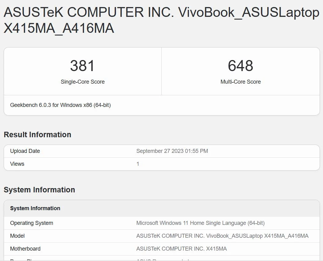 Benchmark Asus VivoBook 14 A416MAO FHD426