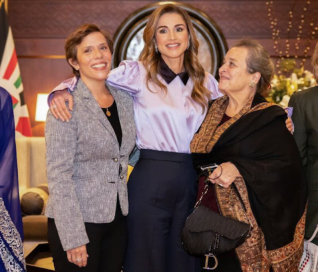 Queen Rania wore a new Anthea lavender silk-satin shirt. Princess Ghida Talal and Princess Raiyah Bint Al Hussein
