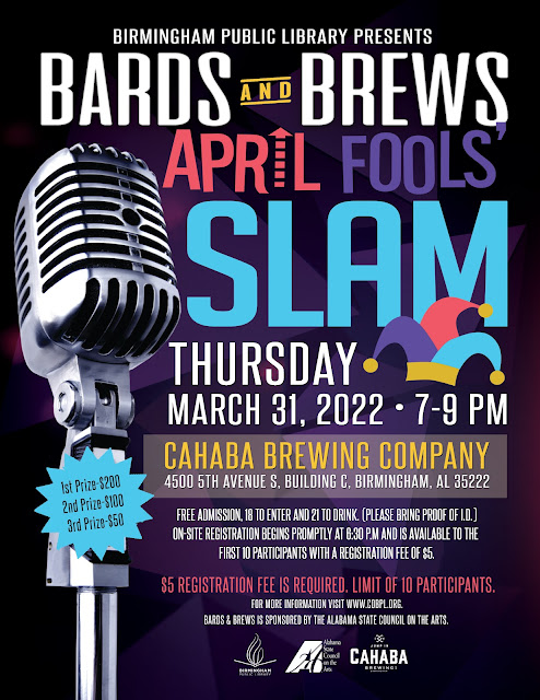 Bards & Brews April Fools Slam with a jester's hat against a purple background