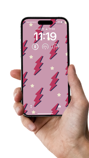 Seamless pattern of stylized red lightning bolts and stars on a soft pink background, ideal for a playful and energetic wallpaper.