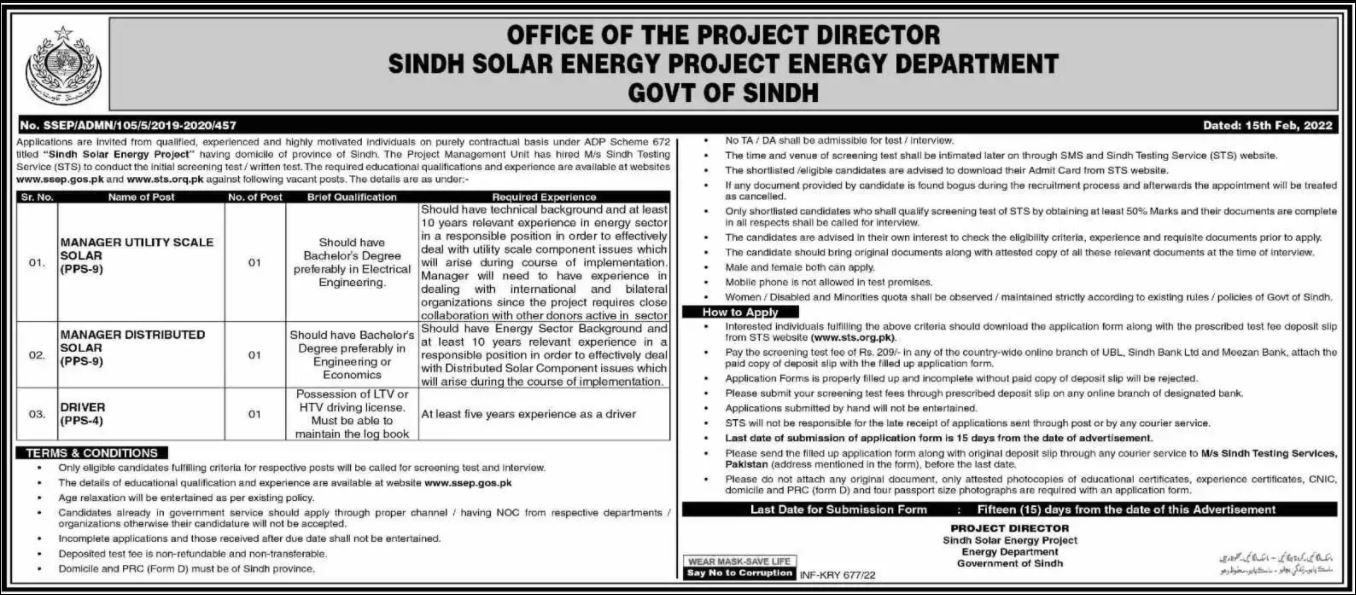 Government of Sindh Positions and Vacancies Announcement Applications are invited for Sindh Solar Energy Project Jobs 2022