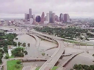 Ariel footage of a flooded Houston in 2017 after Hurricane Harvey