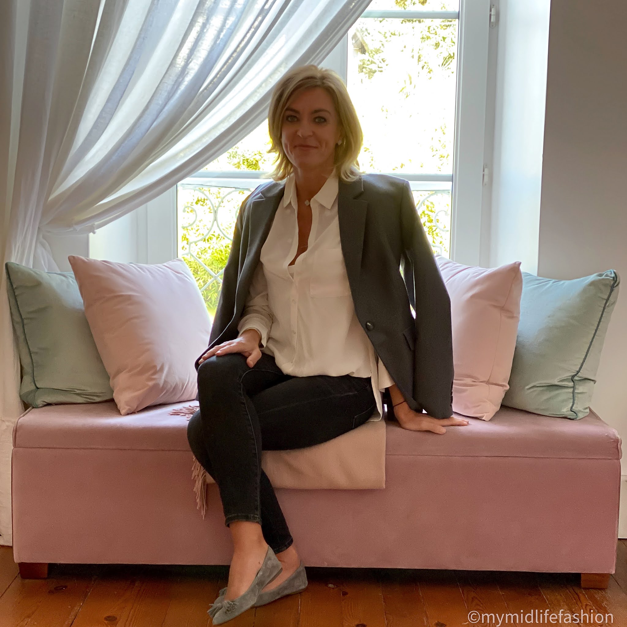 my midlife fashion, h and m wool blazer, the white company silk shirt, j crew 9 inch toothpick jeans, Proenza jewellery, j crew suede pointed tassel flats
