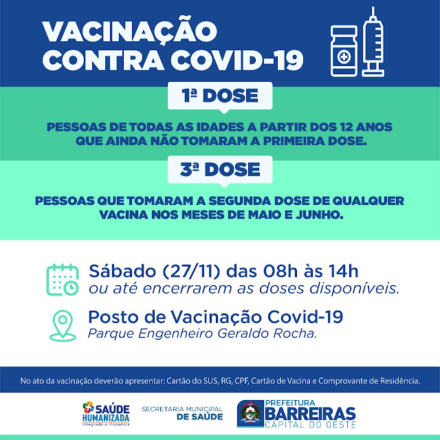 Adolescentes e adultos serão imunizados neste sábado em Barreiras