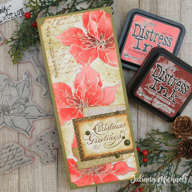 Christmas Greetings Slimline Card by Juliana Michaels featuring Tim Holtz The Poinsettia Stamp Set
