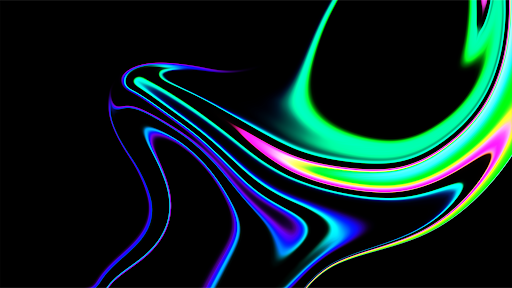 Abstract neon liquid shapes with vibrant cyan, magenta, and green hues flowing against a black background.