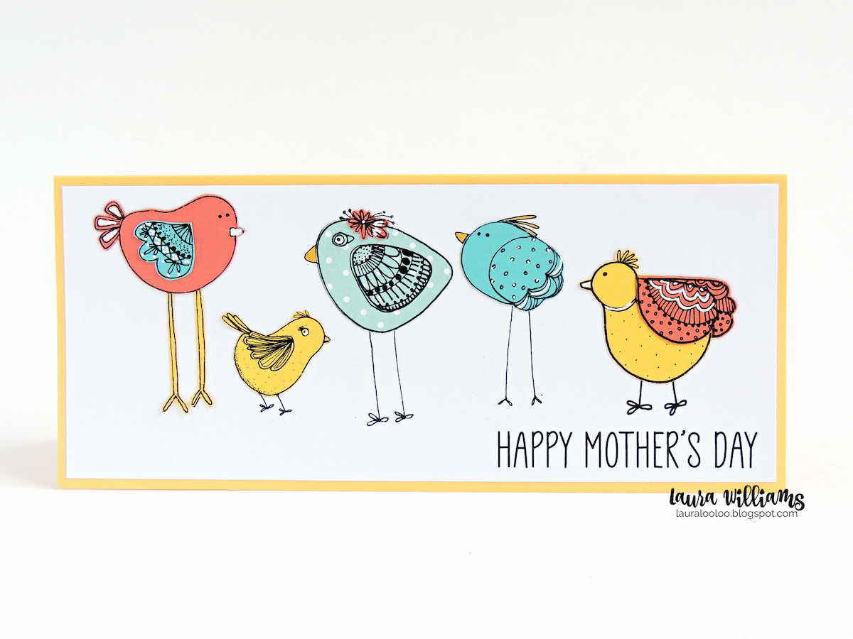 Make a sweet slimline card with adorable paper-pieced birdies. Aren't these chickies darling? I paper pieced them, and then added some details using a white gel pen. This card is perfect for Mother's Day, or any time during the springtime season.