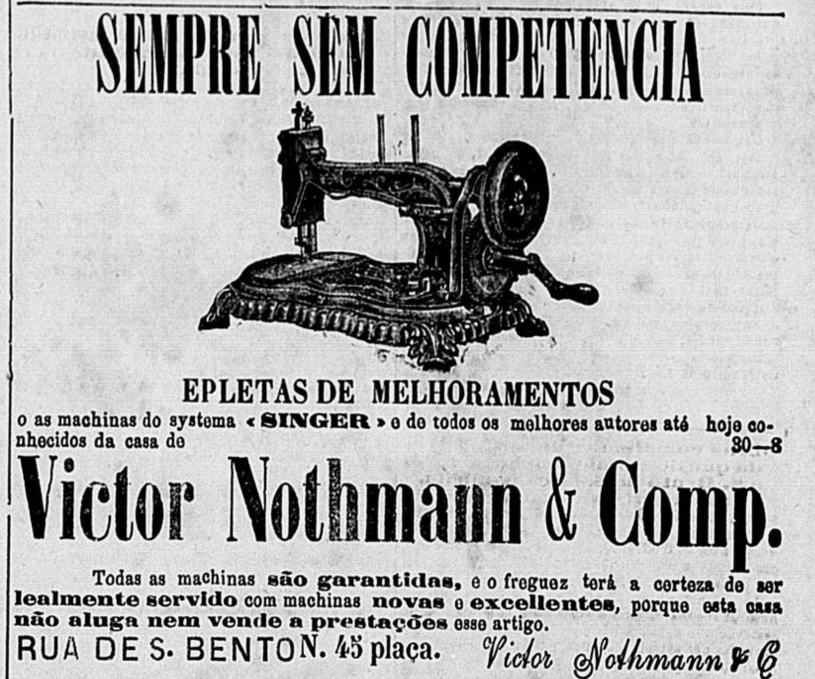 Anúncio veiculado em 1886 apresentado as máquinas de costura da Singer