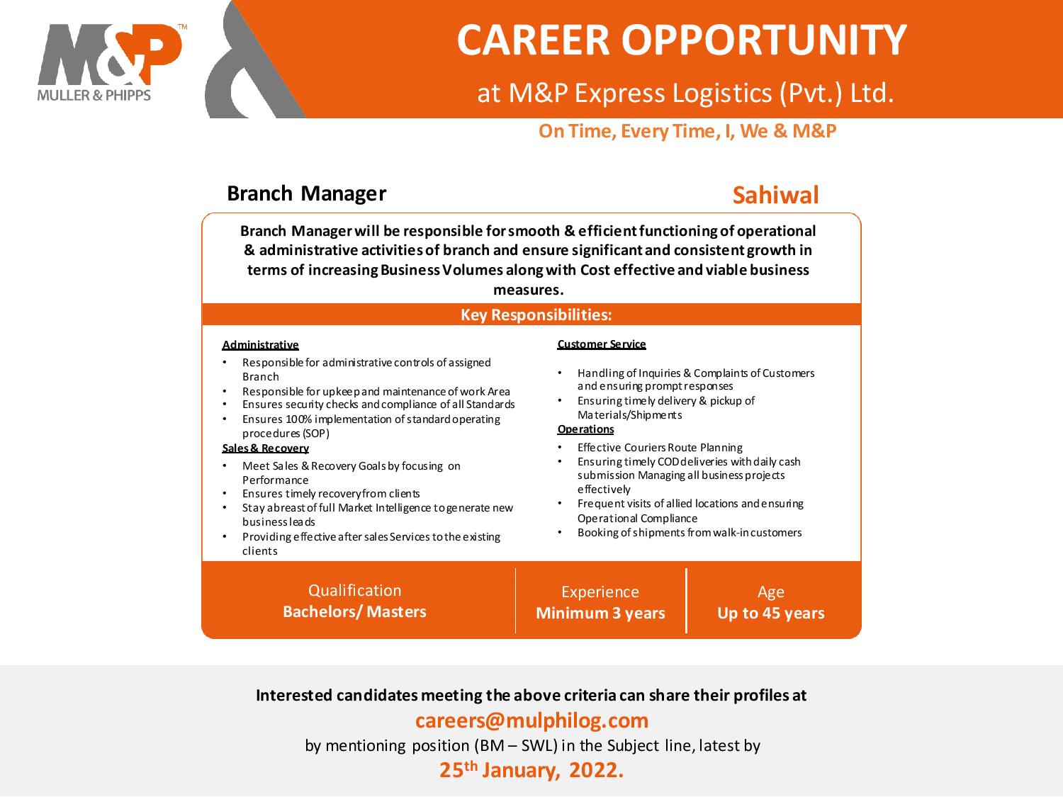 Muller & Phipps Pakistan Pvt Ltd Jobs Branch Manager 2022