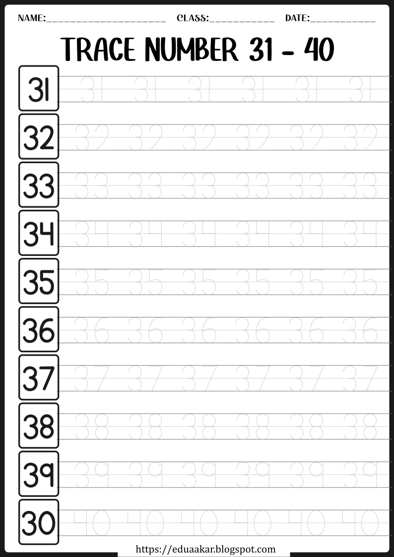 Number Tracing Worksheet 31 to 40