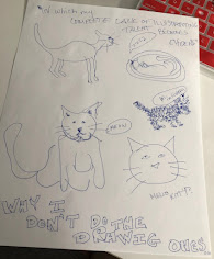 Several rough drawings in of cats in various poses, accompanied by text: "In which my complete lack of drawing talent becomes evident" and "why I don't do the drawig ones (sic)"